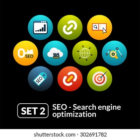 Flat icons set 2 - SEO and Development collection, for phone watch or tablet