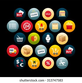 Flat icons set 20 - sales and retail collection, for phone watch or tablet, isolated on black background