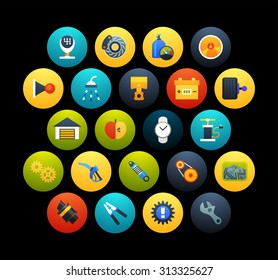 Flat icons set 24 - car parts and services, for phone watch or tablet, isolated on black background