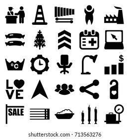 Flat icons set. set of 25 flat filled icons such as sausage, pass control, cone barrier, lugagge weight, baby bath, laundry, factory, pine-tree, navigation arrow, love word