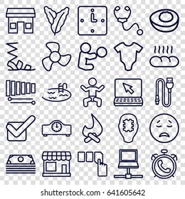 Flat icons set. set of 25 flat outline icons such as alarm, baby, store, spinach, baby onesie, pool, push button, sandals, stethoscope, xylophone, tick, wire, avocado, bread