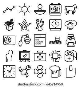 Flat icons set. set of 25 flat outline icons such as sun, perfume, board, noodles fast food, first aid kit, pool, fan, angel, bandage, calendar, glued note, line graph, stamp