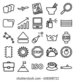 Flat icons set. set of 25 flat outline icons such as mirror, laundry, taco, asian food, sun, spray bottle, cargo box, cup with heart, magazine, plane, eject button, iso, bread