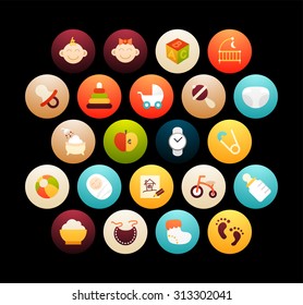 Flat icons set 27 - baby and childhood, for phone watch or tablet, isolated on black background