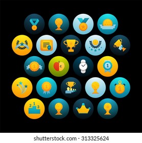 Flat icons set 29 - winning, prizes and awards, for phone watch or tablet, isolated on black background