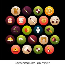 Flat icons set 30 - castle and weapon, for phone watch or tablet, isolated on black background