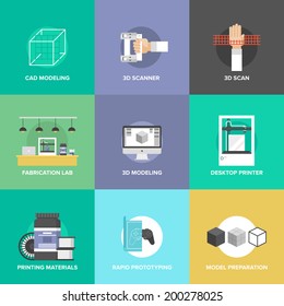 Flat icons set of 3D printing and layout rapid prototyping, 3D modeling and 3D scanning, fabrication laboratory service and model object develop. Flat design style modern vector illustration concept.