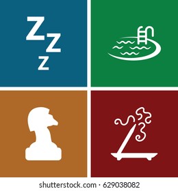 Flat icons set. set of 4 flat filled icons such as aroma stick, pool, chess horse