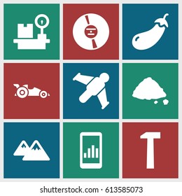 Flat icons set. set of 9 flat filled icons such as eggplant, ground heap, lugagge weight, CD, mountain, car, hummer, hang glider