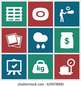 Flat icons set. set of 9 flat filled icons such as lugagge weight, soap, board, cargo box, weight, man, photo, rain