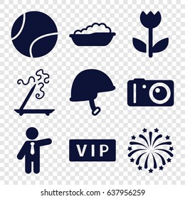 Flat icons set. set of 9 flat filled icons such as vip, baby bath, aroma stick, businessman, helmet, fireworks, camera, flower