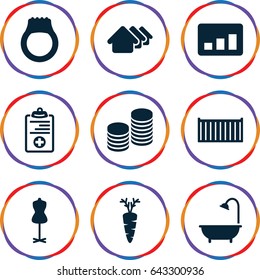 Flat icons set. set of 9 flat filled icons such as house, mannequin, shower, carrot, cargo box, medical clipboard, coin, chart