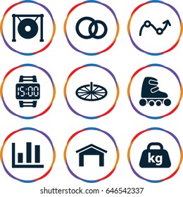 Flat icons set. set of 9 flat filled icons such as garage, weight, gong, engagement rings, skate rollers, graph, wrist dial watch, sundial