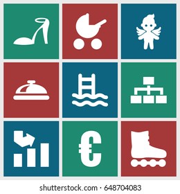 Flat icons set. set of 9 flat filled icons such as dish, baby stroller, heel sandals, graph, structure, angel, euro, roller skate