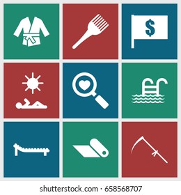 Flat icons set. set of 9 flat filled icons such as coloring brush, scythe, heart search, kimono, sunbed, pool ladder, man laying in sun, carpet
