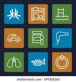 flat icons set. Set of 9 flat outline icons such as spider, baby food, hair dryer, lungs, trumpet, switch off, CPU in car, swimming ladder