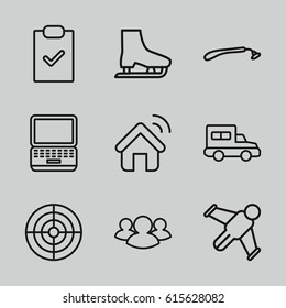 Flat icons set. set of 9 flat outline icons such as razor, group, truck, house signal, ice skate, target, hang glider, laptop