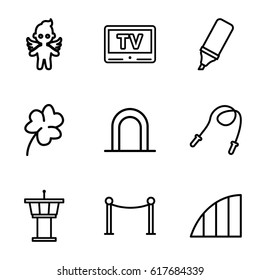 Flat icons set. set of 9 flat outline icons such as siren, airport tower, Clover, Red carpet barrier, angel, highlighter, angle, TV
