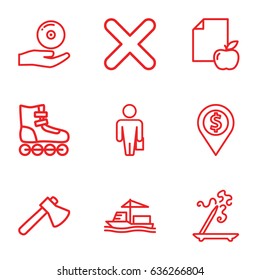 Flat icons set. set of 9 flat outline icons such as aroma stick, axe, paper and apple, cargo ship, cd on hand, cross, man with case, dollar location