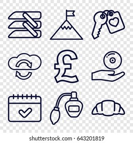 Flat icons set. set of 9 flat outline icons such as perfume, croissant, calendar, heart key, cd on hand, blinds, flag on mountain, pound