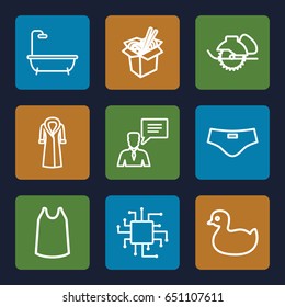 Flat icons set. set of 9 flat outline icons such as duck, shower, singlet, overcoat, electric saw, noodles fast food, man with chat bubblle, man swim wear