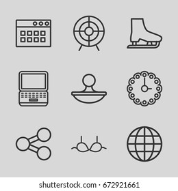 Flat icons set. set of 9 flat outline icons such as bra, target, stamp, wall clock, ice skate, globe, browser window, laptop