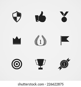 Flat icons set (9 pieces) - winning, prizes and awards. Isolated on white background. Vector illustration, eps 8