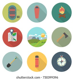 Flat icons set : Adventure and Camping, Trips and Travel. Vector illustration