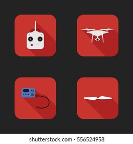 Flat icons set of  aerial quadrocopter - drone, transmitter, charger, propeller