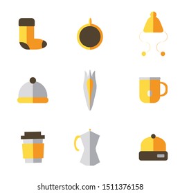 Flat icons set of autumn apparel and cozy things such coffee cup, socks, hats