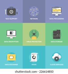 Flat icons set of big data storage protection, cloud computing communication services, technical support, network connection and information exchange. Flat design modern vector illustration concept.