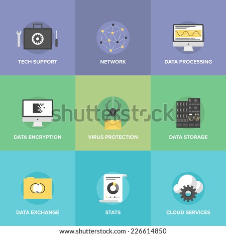 Flat icons set of big data storage protection, cloud computing communication services, technical support, network connection and information exchange. Flat design modern vector illustration concept.