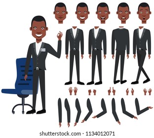 Flat icons set of black boss views, poses and emotions. Facial expressions collection. Business man concept. Vector illustration can be used for topics like business, management, marketing.