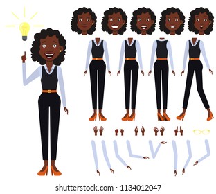 Flat icons set of black business woman views, poses and emotions. Facial expressions collection. Business woman concept. Vector illustration for topics like business, management, marketing.
