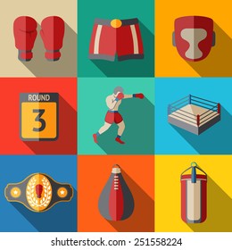 Flat Icons Set - Boxing - Gloves, Shorts, Helmet, Round Card, Boxer, Ring, Belt, Punch Bags. Vector