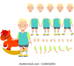 Flat icons set of boy with rocking horse toy. Views, poses and emotions collection. Child concept. Vector illustration can be used for topics like business, childhood, parenting.