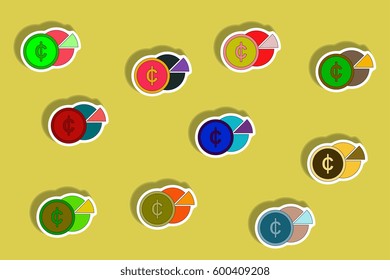 flat icons set of Business pie chart and currency concept in paper sticker style. infographic items