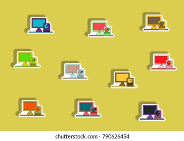 flat icons set of Business pie chart report and monitor concept in paper sticker style. infographic items