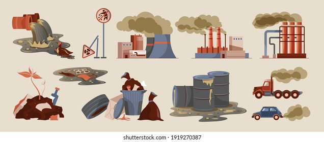 Flat icons set with cars industrial buildings toxic waste litter garbage causing air pollution isolated vector illustration