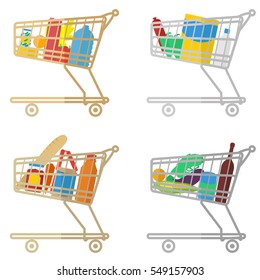 Flat icons set the cart of supermarket with food 