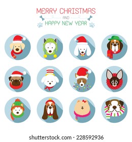 Flat Icons Set: : Christmas, Various Dog Breeds