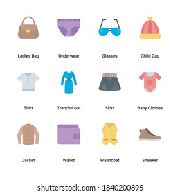 Flat icons set Clothes, accessories fashion and beauty. 