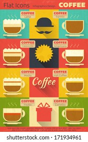 Flat Icons Set, Coffee Labels in Retro Style, Infographics Design. Cover of Coffee Menu in Vintage Style. Vector illustration.