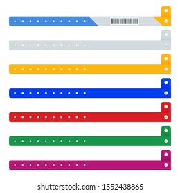 Flat icons set of Colored vinyl bracelets hand ID entrance festival or luminous neon cheap plastic bracelets isolated on a white background.