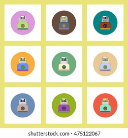 flat icons set of column chart and printer concept on colorful circles