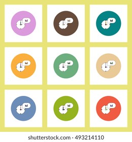 flat icons set of column chart and clock concept on colorful circles