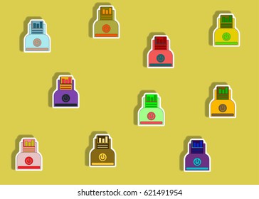 flat icons set of column chart and printer concept in paper sticker style. infographic items