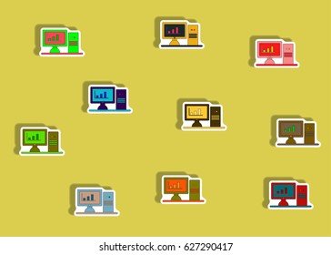 flat icons set of column chart on computer monitor concept in paper sticker style. infographic items