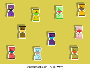 flat icons set of column chart and sand clock concept in paper sticker style. infographic items
