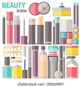 Flat icons set of common different cosmetics, makeup object, skin care and other professional product and accessories for female beauty. Modern design style vector print illustration concept. 